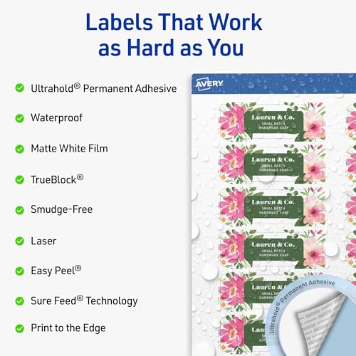 Avery® Outdoor Waterproof Rectangle Labels, Sure Feed® Technology, 1" x 3", White Film, Print-to-the-Edge, Compatible with Laser Printers, 800 Labels Total - style: 800 labels