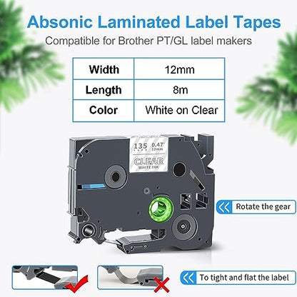 Absonic Tze135 White on Clear Tz Label Tape Compatible for Brother Tze-135 Tz-135 P Touch Tze Label Tape 12mm 0.47" Laminated Refill for Ptouch PTD220 PTD410 PTD200 PTD210 PTH110 Label Maker, 4-Pack - color: White on Clear