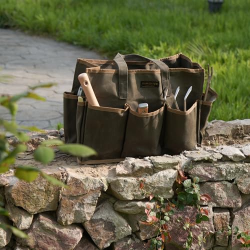 Waxed Canvas Garden Tool Bag Tote, 14 Inch Tool Bag with 10 External Pockets & 1 Large Compartment, Army Green - color: Army Green