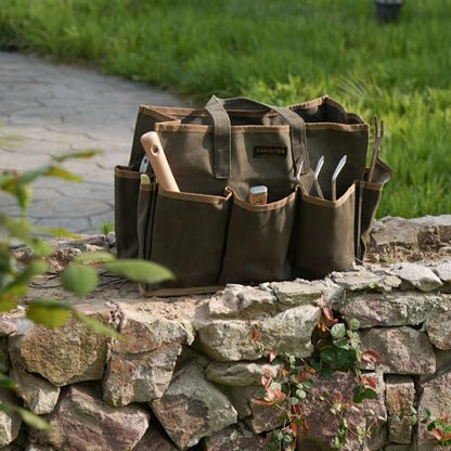 Waxed Canvas Garden Tool Bag Tote, 14 Inch Tool Bag with 10 External Pockets & 1 Large Compartment, Army Green - color: Army Green