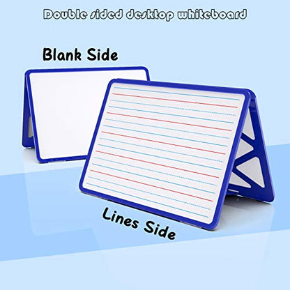 Small Dry Erase White Board with Stand, Double Sided Dry Erase Board for Kids, Foldable Small White Board Portable Mini Whiteboard with Lines & Holder for Home School Office - color: Blue