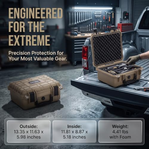 MEIJIA All Weather IP67 Waterproof Hard Camera Case,Hard Protective Case,Hard Case with Customizable Foam,Fit Use of Drones,Camera,Equipments,Pistols(Desert Tan,13.35 x11.63x5.98inches) - color: Desert Tan, size: 13.35 x11.63x5.98inches
