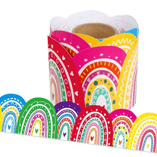 65.6 Feet Rainbow Bulletin Board Borders, Colorful Classroom Borders for Bulletin Board Scalloped Rolled Bulletin Board Trim Decor for Home Office School Classroom Chalkboard Wall Decorations - style: Boho Rainbow