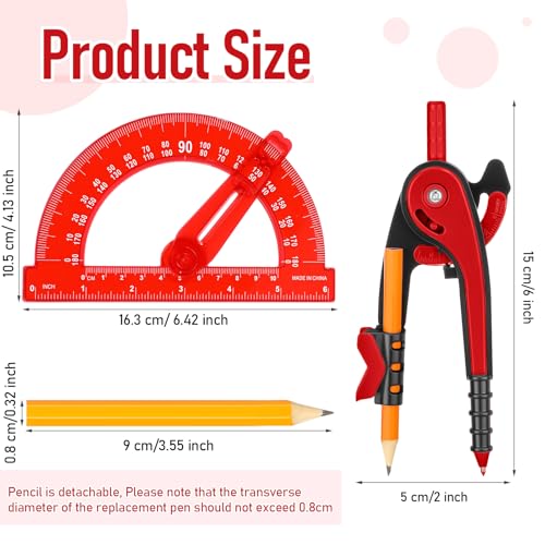 Zonon 2 Pcs Protractor and Compass Set, Swing Arm Protractor, Red - color: Red