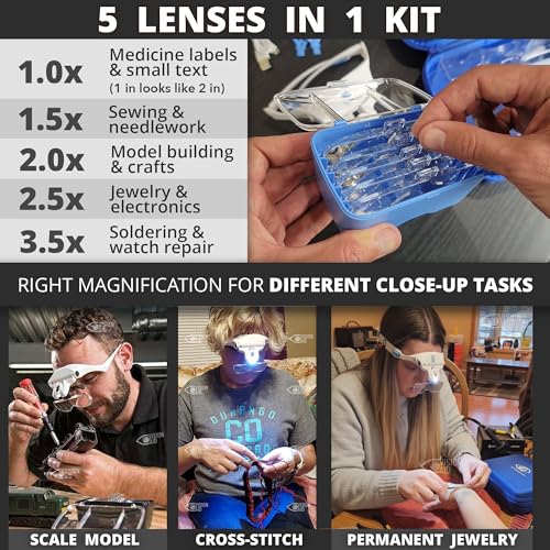Vision Aid Expert Edition Magnifying Glasses with USB Rechargeable LED Light and Storage Case Hands Free Head Magnifier for Hobby Painting Close Work - size: USB Rechargeable - Expert Set