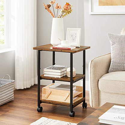VASAGLE 3-Tier Printer Stand with Locking Wheels, Under Desk Printer Table - color: Rustic Brown + Ink Black, size: 3 Tiers/Compact