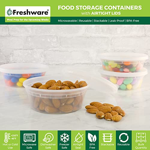 Freshware Food Storage Containers [50 Set] 8 oz Plastic Deli Containers with Lids, Slime, Soup, Meal Prep Containers | BPA Free | Stackable | Leakproof | Microwave/Dishwasher/Freezer Safe - size: 8 oz, 50-Set