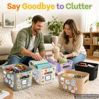 6 Pack Large Plastic Book Bins for Classroom with Composition Label Stickers Large Stackable Toy Storage Baskets Boxes Book Storage Bins for Back to School Library Home Office Organization Supplies