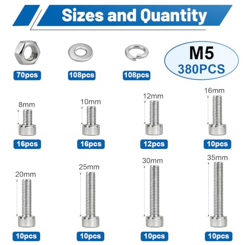 380PCS M5 Hex Socket Bolts Assortment Kit, M5x6/8/10/12/16/20/25/30 mm - size: SS M5 380PCS
