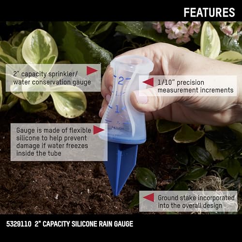 Taylor Break and Freeze Proof Flexible Silicone Sprinkler Gauge, Measures Outdoor Rain, Precipitation, and Sprinkler Systems, Easy to Read for Garden, Lawn, Patio, Backyard, or Outside, 2-Inch, Blue - size: 2 Inch