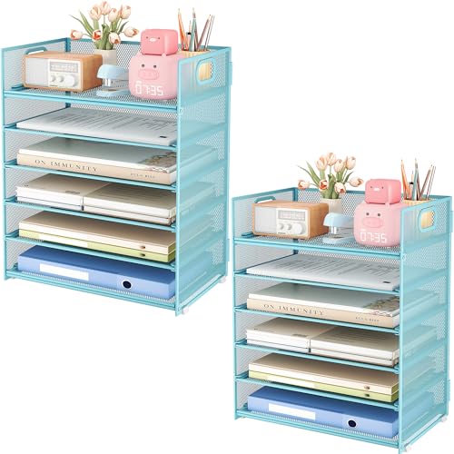 Subekyu 6-Tier Desk Paper Organizer, Desktop File Letter Tray with Handle, Document Sorter and Accessories Holder for Office, Home and School Workspace Organizers, Blue-2 Pack - color: 2 Pack 6-tier - Blue