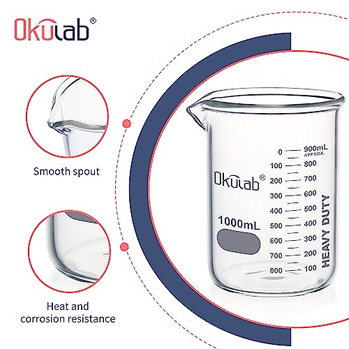 Heavy Duty Glass Beaker Set, Thick-Walled 3.3 Borosilicate Glass Beakers, with Double Scale Printed Graduation, 2pcs of Vol.1000ml, HBKG1000B2 - style: 2pcs of 1000ml