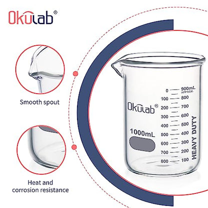 Heavy Duty Glass Beaker Set, Thick-Walled 3.3 Borosilicate Glass Beakers, with Double Scale Printed Graduation, 2pcs of Vol.1000ml, HBKG1000B2 - style: 2pcs of 1000ml