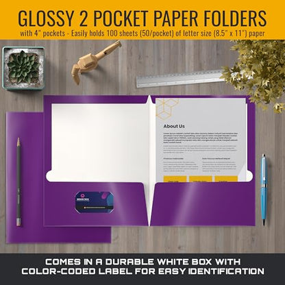 Better Office Products 2 Pocket Glossy Laminated Purple Paper Folders, Letter Size, Purple Paper Portfolios, Box of 25 - color: Purple