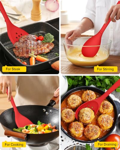 BUNDLEPRO Silicone Cooking Utensils Set, 9 Pcs Kitchen Utensils, One-Piece - color: Red