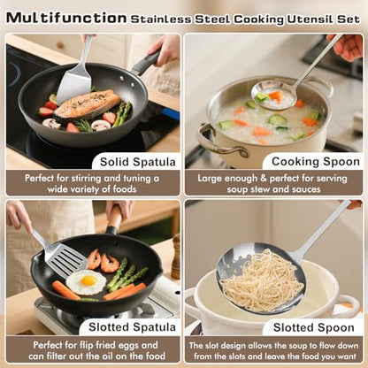 4 Pcs Cooking Utensils Set, Stainless Steel Kitchen Utensils, Heat Resistant Metal Kitchen Tools Include Solid & Slotted Turner Wok Spatula, Serving Spoon, Ergonomic Handle, Easy to Clean, Silver - color: B. 4 Pieces
