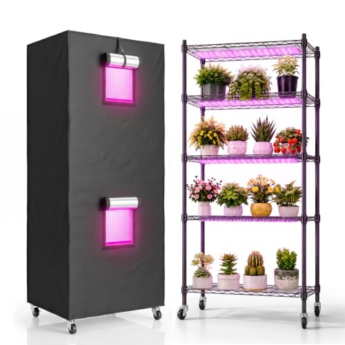 Indoor Greenhouse with Grow Light & 2 Observation Window - 5 Tier Seed Starting Rack, 4 Pack 48W Full Spectrum Grow Lights with Timer, 3 Modes & 7 Dimmable Levels, 22x11.8x61 Inches