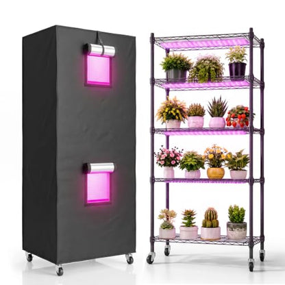 Indoor Greenhouse with Grow Light & 2 Observation Window - 5 Tier Seed Starting Rack, 4 Pack 48W Full Spectrum Grow Lights with Timer, 3 Modes & 7 Dimmable Levels, 22x11.8x61 Inches