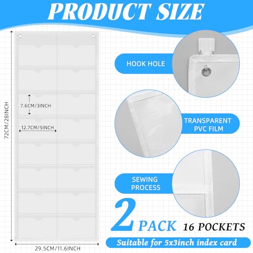 AmazingSpark 2 Pack 3'' x 5'' Index Card Holder Sleeve 16 Slot Plastic Organizer Hanging Wall Mount Business Note Cardholder PVC Clear Organizer Pocket for Classroom Office Library Home (White) - color: White