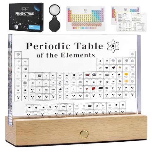 MegaBox Large Periodic Table Of Elements with 83 Real Elements, Acrylic Periodic Table Display With Wooden Stand, 6x Chemistry Formula Reference Cards, Science Teacher Gift Classroom (Large (8.0 x 6.5 in)) - size: 8"L x 6.5"W