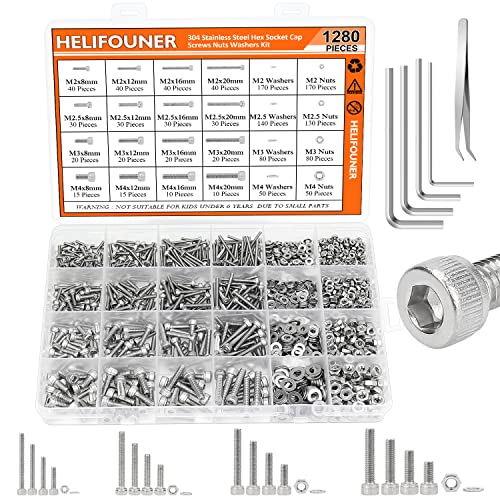 HELIFOUNER 1280 Pieces M2 M2.5 M3 M4 304 Stainless Steel Hex Socket Cap Metric Screws Bolts Washers Nuts Hardware Assortment Kit with Hex Wrenches - size: M2 M2.5 M3 M4