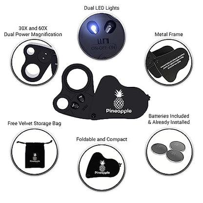 Pineapple 30X 60X Jewelers Loupe Magnifier with Light, Lighted Magnifying Glass Jewelry Loop, Pocket Magnifier for Coins, Jewelry, Plants, Currency, Diamonds, Stamps (Black)