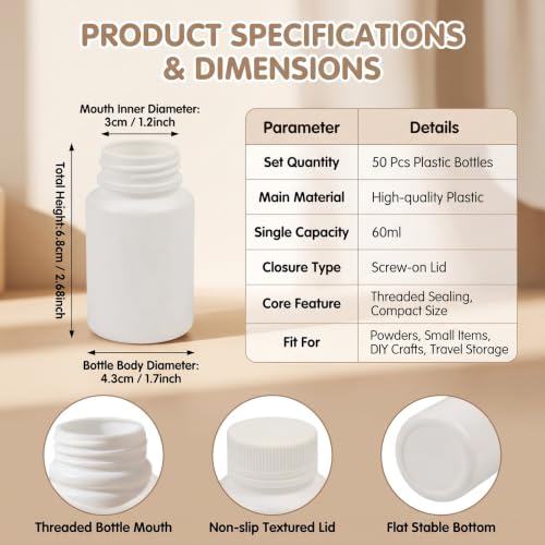 50PCS White Empty Solid Plastic Bottle Case Holder Container Vials Box with Screw Cap for Powder Sample Storage (60ml)
