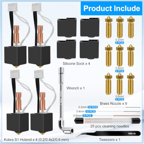 44 PCS Kobra S1 Hotend Kit, Hotend Assembled Extruder Printhead Kit with 9 Brass Nozzle 0.2/0.4/0.6mm, 25 Cleaning Needles, 3 Silicone Cover, Wrench and Tweezers, for Anycubic Kobra S1/Kobra S1 Combo - color: 44 PCS