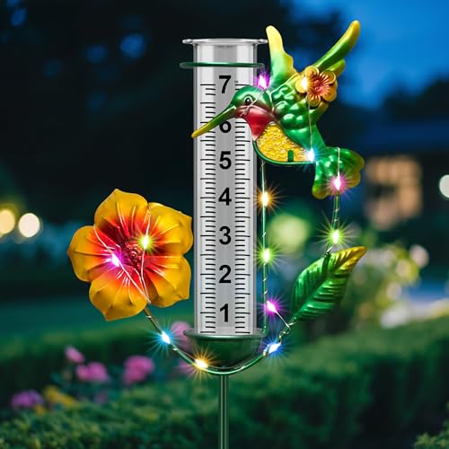 shumi Rain Gauge Outdoor, Solar Hummingbird Rain Gauge with LED Lights - color: Hummingbird