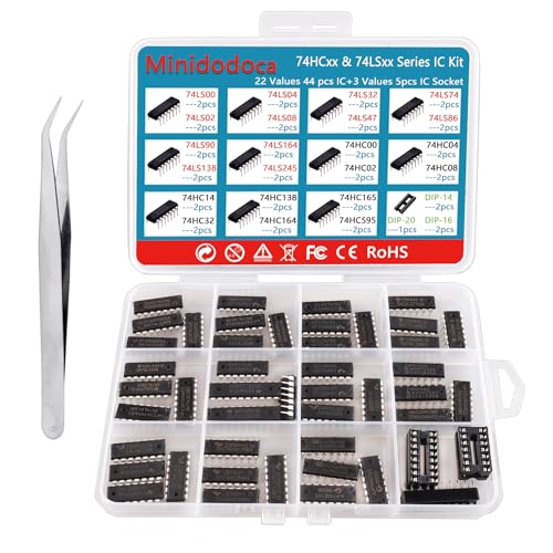 49Pcs 25 Types 74HCxx and 74LSxx Series Logic IC Assortment Kit & Socket,Minidodoca Logic IC Series Shift Output Registers、Transceiver、Decade Counters、Multiplexer/Decoders、Hex Inverters IC chip - style: 74 Series IC kit