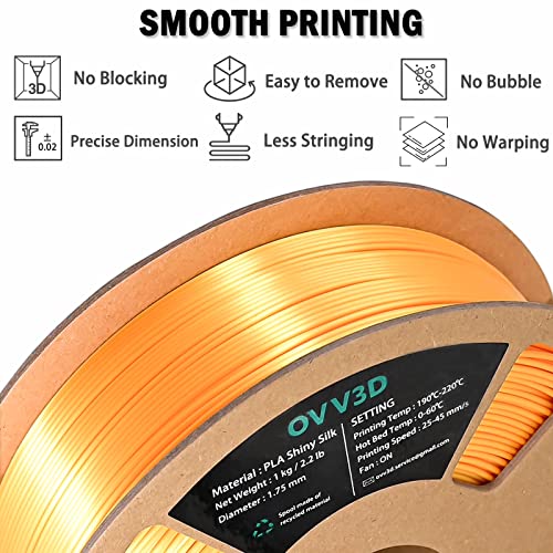 OVV3D Silk PLA Filament 1.75mm, Upgrade Gold PLA Filament 3D Printer Filament, Silk Gold Metal 3D Printing Filament, 3D Filament 1.75 +/- 0.02mm, Silk 1.75 PLA Filament for 3D Printer and 3D Pen, 1kg - color: Silk Metal Gold