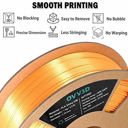 OVV3D Silk PLA Filament 1.75mm, Upgrade Gold PLA Filament 3D Printer Filament, Silk Gold Metal 3D Printing Filament, 3D Filament 1.75 +/- 0.02mm, Silk 1.75 PLA Filament for 3D Printer and 3D Pen, 1kg - color: Silk Metal Gold