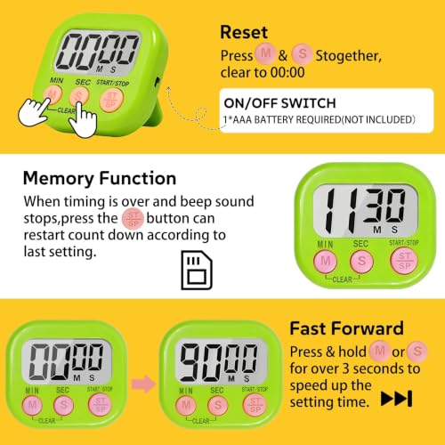 12 Pack Digital Kitchen Timers for Cooking, Loud Alarm Large LCD Display Magnetic Classroom Timers for Teachers Kids, Extensively Use in Classroom, Cooking, Meeting, Gym