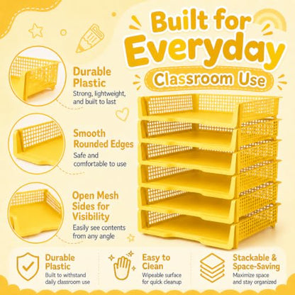 6 Pcs Yellow Turn in Trays Classroom, Stackable Paper Bins for Classroom, 13x9x2.8 inch Plastic Baskets Desktop Organization System Office (Yellow) - color: Yellow
