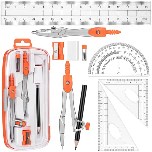 Zonon 10 Pcs Math Geometry Set for Student Compass Protractor, Orange - color: Orange