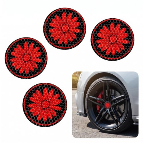 4 PCS Reflective Daisy Car Wheel Center Cap Stickers, 3D Domed Honeycomb Pattern Hub Cap Decals, Decorative Auto Tuning Emblems for Car Wheel Rims, Universal for Vehicle Wheel Hubs (Red) - color: Red