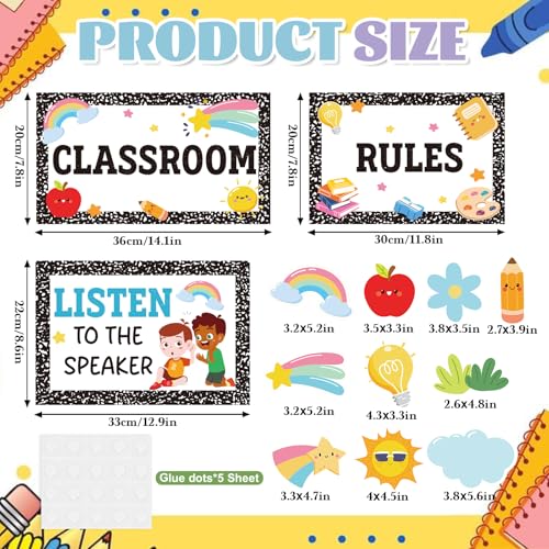 Classroom Rules Posters Back to School Bulletin Board Decor Composition Notebook Classroom Decoration Motivational Educational Good Habits Behavior Chart for Preschool kindergarten Elementary Students