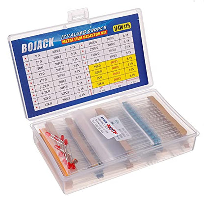 BOJACK 630 Pcs 17 Values Resistor Kit 0 Ohm-1M Ohm with 1% 1/4W Metal Film Resistors Assortment Kit - size: 1/4 W
