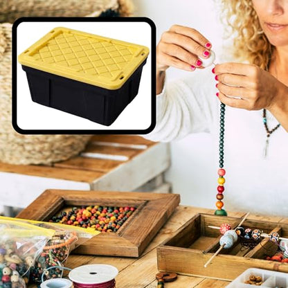 justPrintiful TEENY TOTES, Pack of (4) Mini Stackable Organizing Totes with Lids, Black and Yellow, for Crafts and Small Parts Storage, Easy Snap Fit Lids for Secure Storage