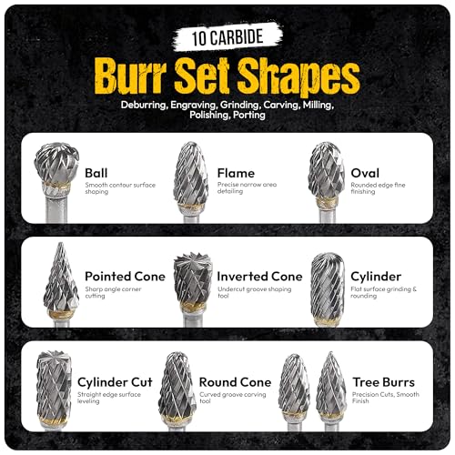 10Pcs Tungsten Carbide Burr Set 6.35mm - 1/4" Shank Double Cut Die Grinder Bits Cutting Burrs - Metal, Steel - Rotary Tools Rasp Accessories - Deburring, Engraving, Grinding, Carving, Porting - size: 10pcs - 6.35mm