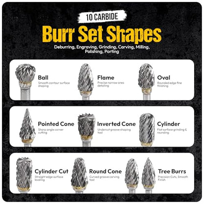 10Pcs Tungsten Carbide Burr Set 6.35mm - 1/4" Shank Double Cut Die Grinder Bits Cutting Burrs - Metal, Steel - Rotary Tools Rasp Accessories - Deburring, Engraving, Grinding, Carving, Porting - size: 10pcs - 6.35mm