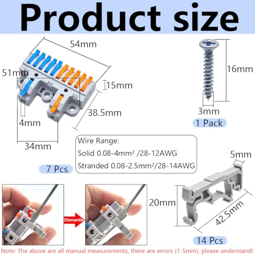 CESFONJER 2-in-10-out Terminal Block Kit (7 Pack), Lever Wire Connectors for Extensive Splicing, Dual Input to Ten Output, DIN Rail & Screw Mount, 28-12AWG, Hardware Included - color: set5