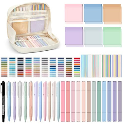 135 Pcs Book Annotation Kit Aesthetic Pencil Case Bag 12 Highlighter 11 Gel Pen 1 Marker 300 Sheet Transparent Sticky Notes Pad 2640 Index Stickers Bible Study Supplies(Kawaii,Beige) - color: Beige, style: Kawaii
