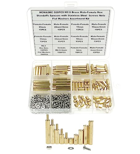 500PCS M2.5 Brass Male-Female Hex Standoffs Spacers Screws Nuts Flat Washers Assortment Kit;Female Lengths:6mm to 25mm - size: M2.5