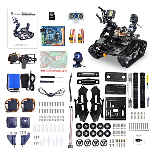 Smart WiFi Robot Kit for Raspberry Pi 5 4B 3B, 4DOF Robotic Arm Track Tank Chassis Robot Car with HD Camera Ultrasonic Infrared Sensor Programming Project for 14+(without Raspberry Pi)