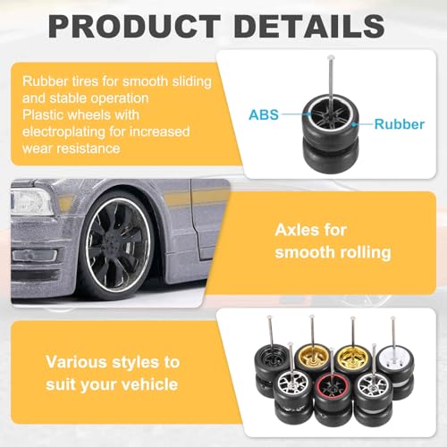 MECCANIXITY 4 Set 1/64 Wheels and Tires Set, Real Riders Rims Includes Axles for RC Diecast Car DIY Model, 6-Spoke Silver Line Black Rims