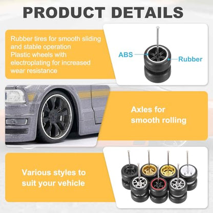 MECCANIXITY 4 Set 1/64 Wheels and Tires Set, Real Riders Rims Includes Axles for RC Diecast Car DIY Model, 6-Spoke Silver Line Black Rims