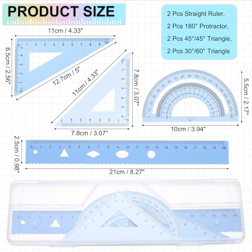 PATIKIL Geometry Set 2Pcs 8" Aluminum Ruler & 4 Triangles, Metal Protractor - color: Gradient Blue, size: 8 Inch