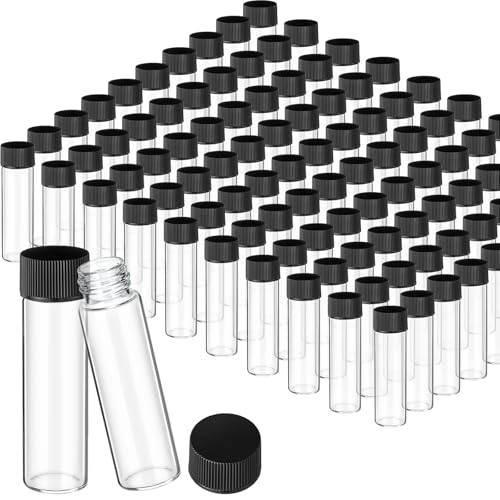 100 Pcs Glass Test Tubes Vial with Black Screw Cap Clear Stoppers Flat Bottom Alcohol Glass Tubes Container Vial for Lab Plants Scientific Experiments Candy Storage Party Favor (4ml) - size: 4ml