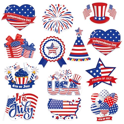 48Pcs 4th of July Cut-Outs, Red White Blue Patriotic Theme Party Cutouts Cartoon USA Flag Stars Firework Paper Cutouts for Independence Day Home School Classroom Office Bulletin Board Wall Decor - style: 4th of July